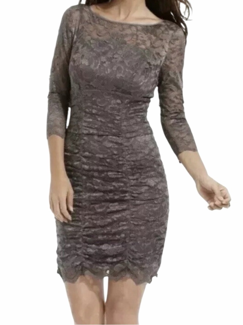 Eliza J Grey Lace 3/4 Sleeve Ruched Sheath Dress 10